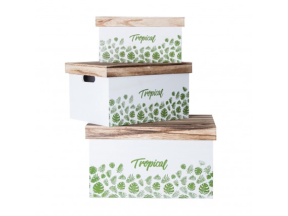 Juego de 3 cajas madera con estampado Tropical